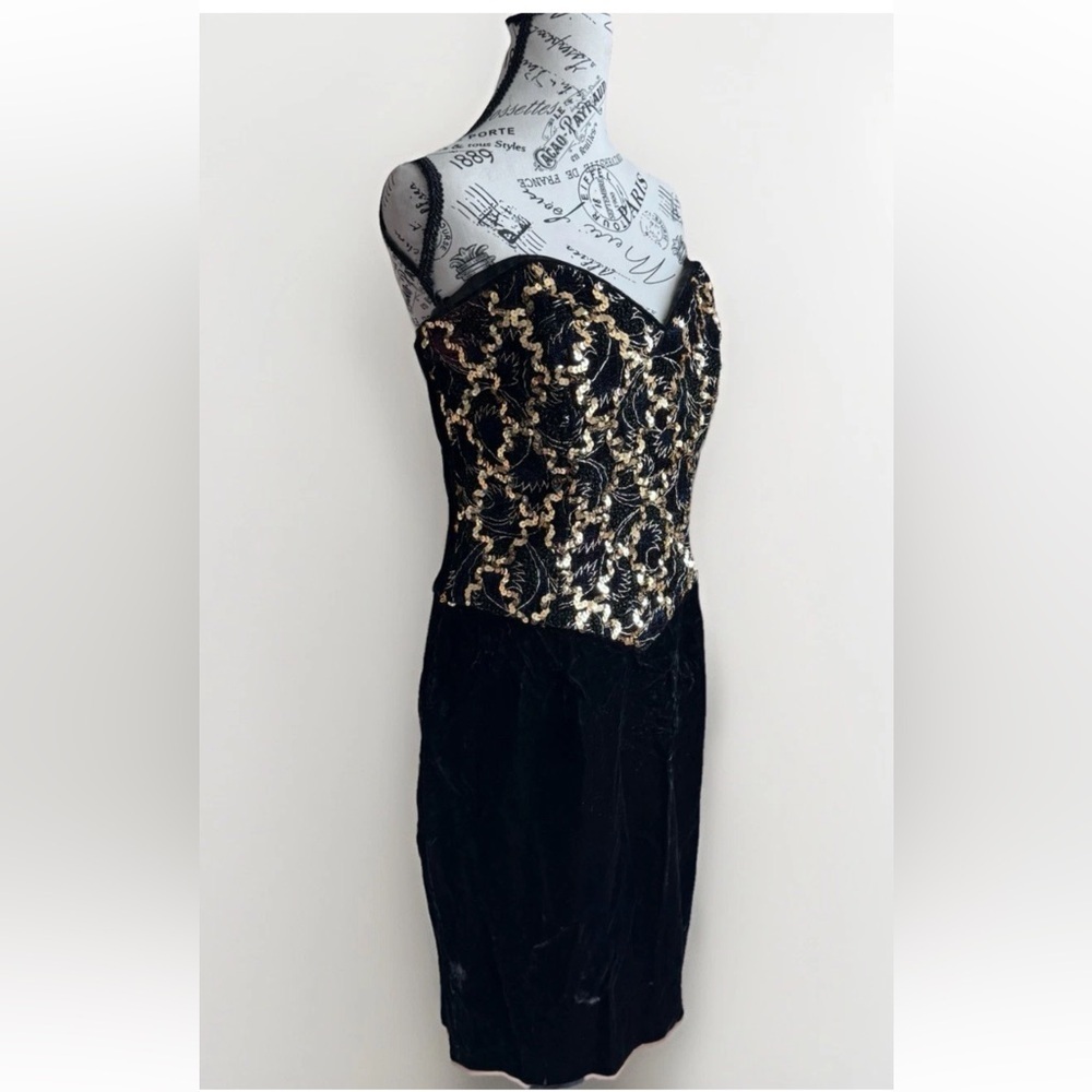 Vintage 80s Jessica McClintock Gunne Sax Black Velvet Sequin Strapless Dress